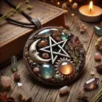 Dall e 2025 03 21 14 58 31 a realistic and mystical photograph of a handcrafted wiccan pendant the pendant features a celestial design with a pentagram crescent moons and a s