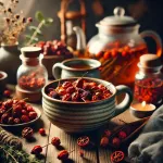 Dall e 2025 03 24 09 53 12 une belle photographie d une infusion de baies de cynorrhodon sechees dans une tasse en ceramique artisanale ambiance cosy et apaisante avec une lum