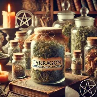 Dall e 2025 03 24 11 01 50 a mystical and realistic photograph of dried tarragon artemisia dracunculus stored in a transparent glass jar displayed in an enchanting herbalist 