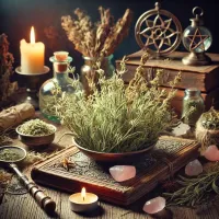 Dall e 2025 03 24 11 01 53 a mystical and realistic photograph of dried tarragon artemisia dracunculus elegantly displayed in an enchanting herbalist setting perfect for a wi