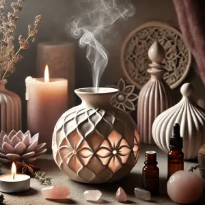 Dall e 2025 03 24 19 12 43 a realistic photograph of a ceramic candle operated essential oil diffuser styled in a mystical and esoteric setting the diffuser should be beautifu