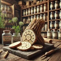 Dall e 2025 04 10 17 46 41 a hyper realistic botanical illustration of sliced gentian root as it would appear in a traditional herbalist s shop the plant is carefully arranged