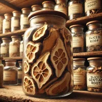 Dall e 2025 04 10 17 48 23 a hyper realistic image of dried sliced gentian root stored in a glass jar as a medicinal herb in a traditional herbalist s shop the root inside the