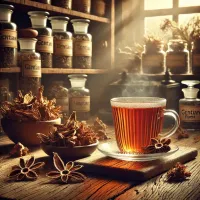 Dall e 2025 04 10 17 48 32 a hyper realistic image of a herbal tea made from dried gentian root in a rustic apothecary setting the tea is served in a clear glass cup on a wood