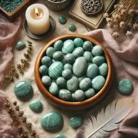 Dall e 2025 04 10 18 21 16 a highly realistic and mystical flat lay image of several amazonite tumbled stones each shaped like small polished pebbles galets about 3 cm in siz