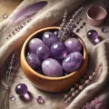 Dall e 2025 04 21 12 06 29 a highly realistic and mystical boutique style image featuring several polished amethyst stones around 3 cm each placed inside a small ceramic or wo
